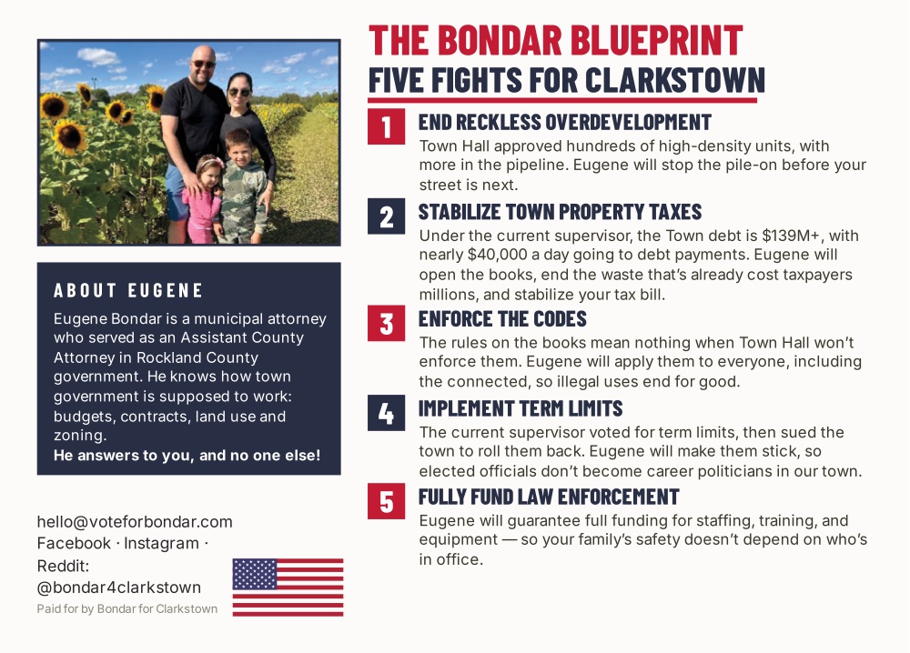 Palm card, back: the five fights, about Eugene, and campaign contact