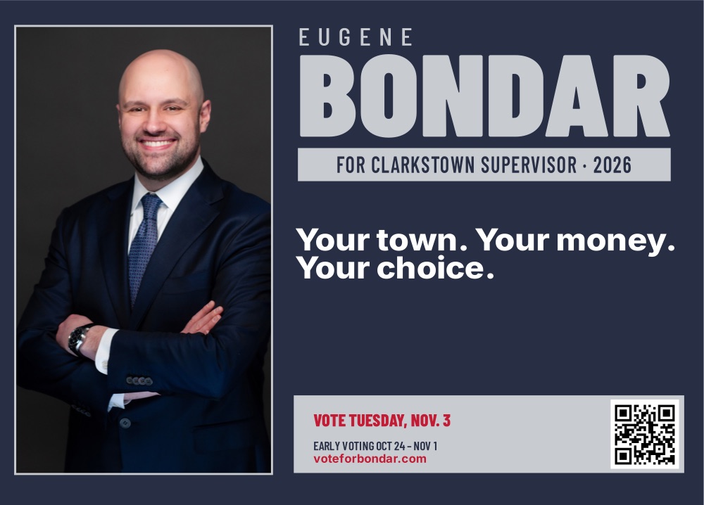 Palm card, front: Eugene Bondar for Clarkstown Supervisor, vote Tuesday November 3, early voting October 24 to November 1